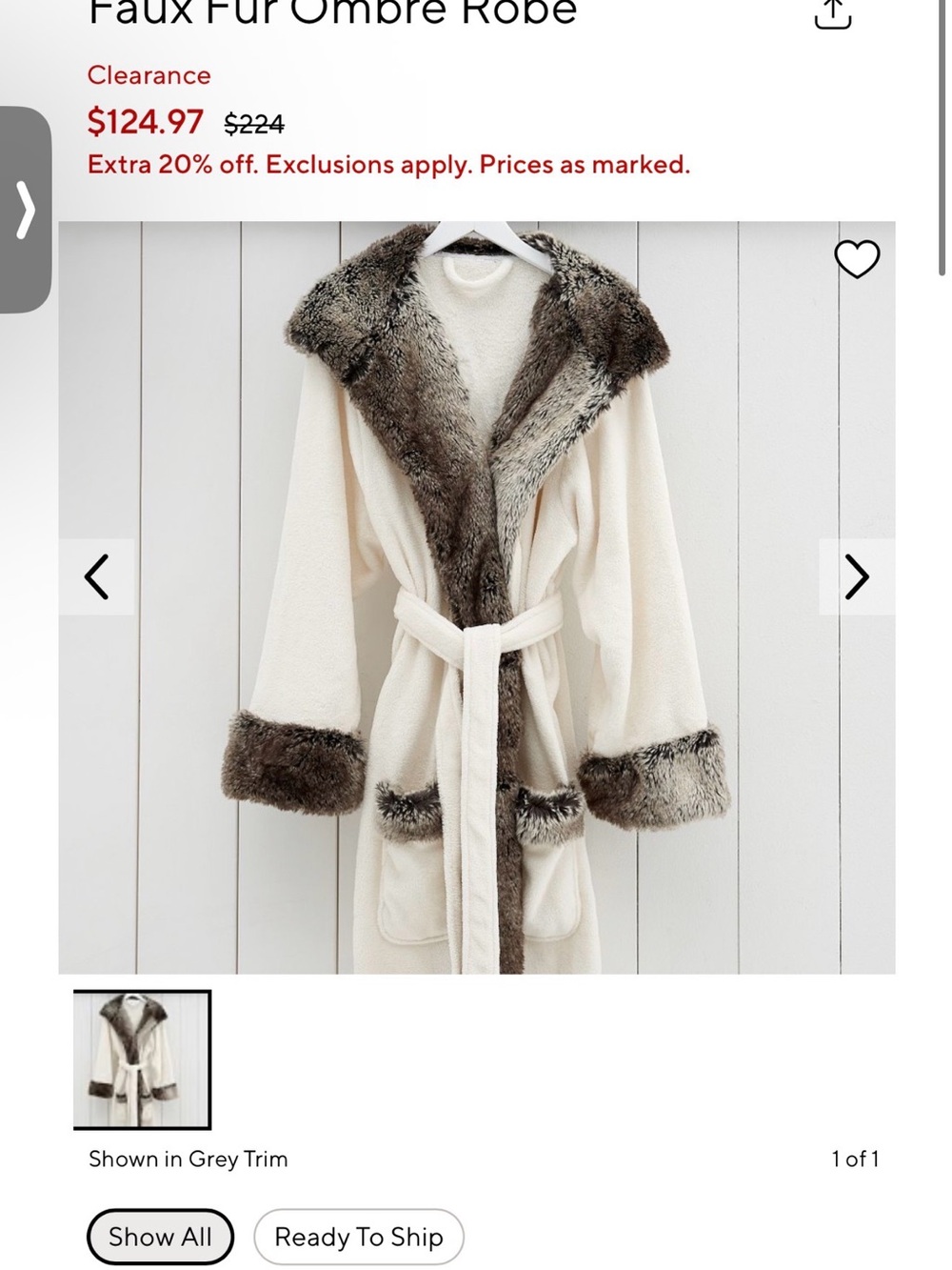 Pottery Barn Cream Robe with Grey Faux-Fur Trim